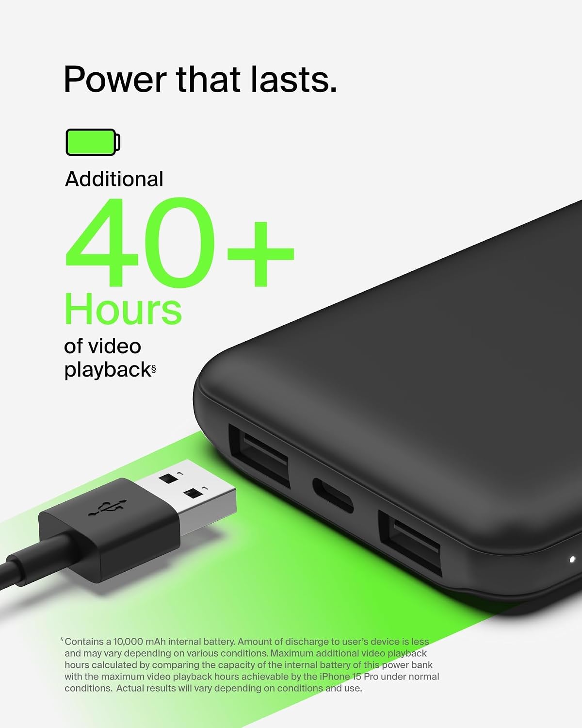Belkin 10000mAh portable power bank, 10K USB-C portable charger with 1 USB-C port and 2 USB-A ports, battery pack for up to 15W charging for iPhone, Samsung Galaxy, AirPods, iPad, and more – Black