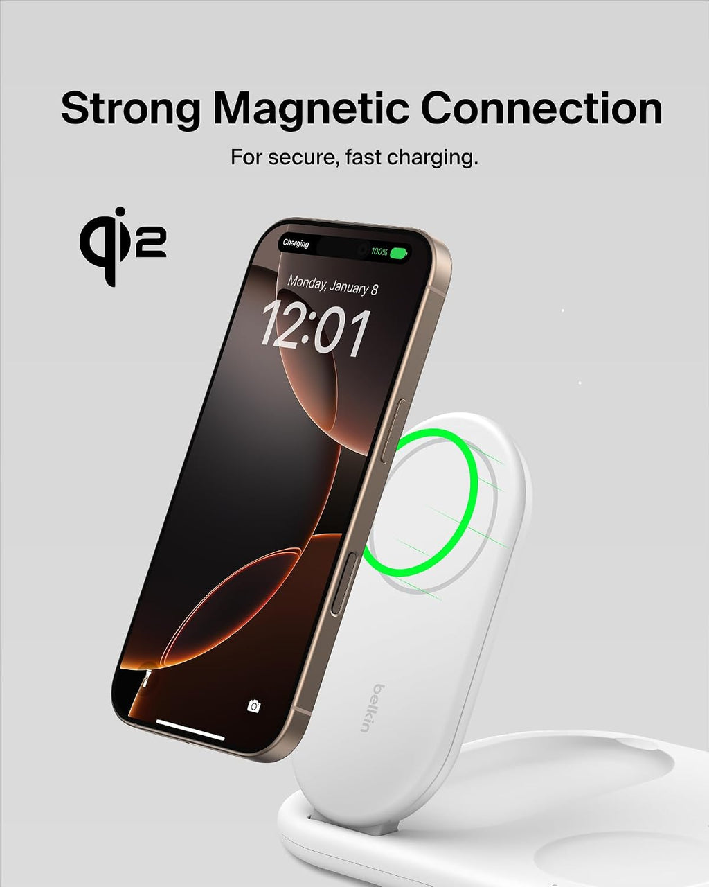 Belkin MagSafe Charger, Fast Charge 3-in-1 Qi2 Magnetic Foldable Charger 15W Fast Charger for Apple iPhone 15, Apple Watch, AirPods with Non-Slip Base, Power Supply Module - White
