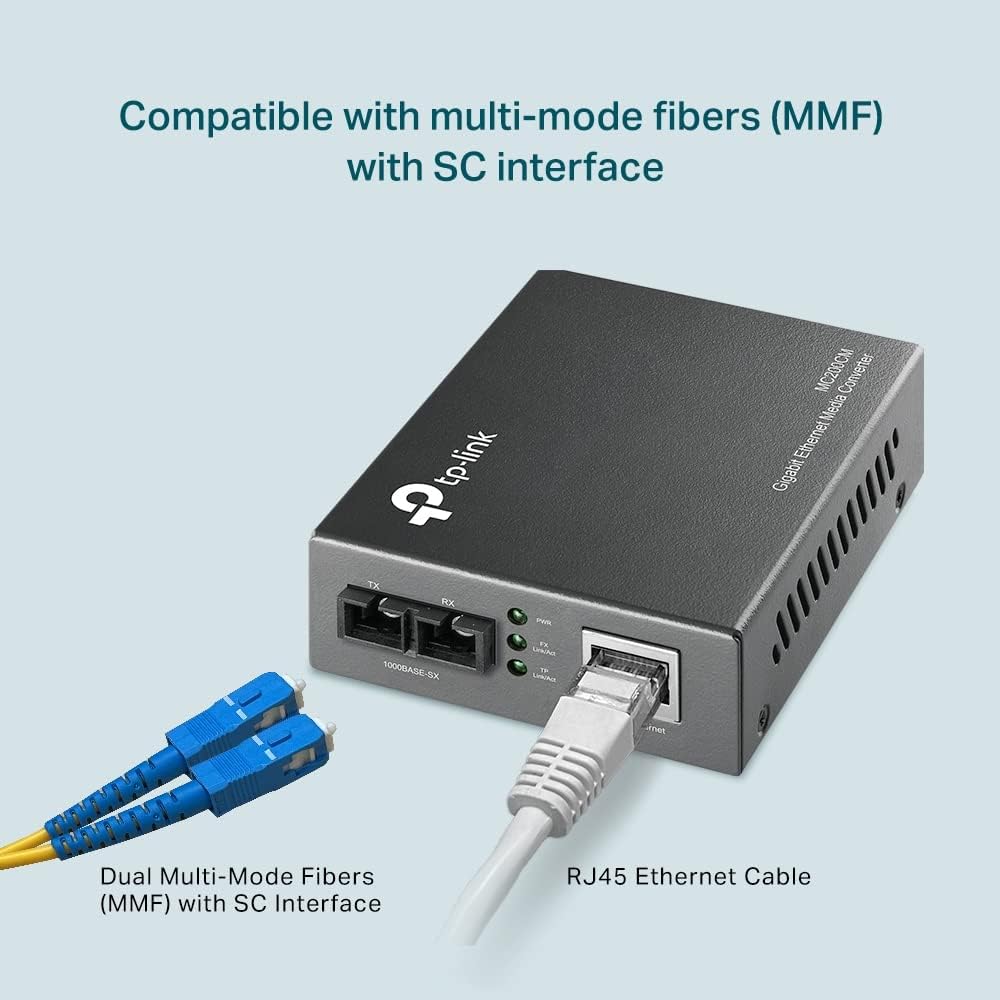 TP-Link MC200CM Gigabit Ethernet media converter, 2 SC fiber ports, 1 RJ45 port, multimode fiber, transmission distance 550m