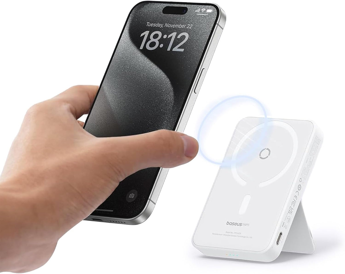 Baseus MagSafe Power Bank 5000mAh, Magnetic Wireless Charger — 5000mAh-15W-w/stand — White