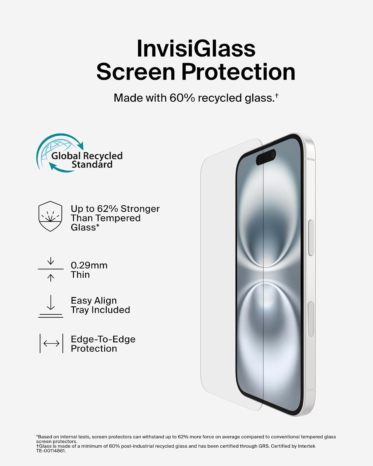 Belkin ScreenForce InvisiGlass iPhone 16 Screen Protector, scratch-resistant impact protection, easy align tray for bubble free application, made with recycled glass for iPhone 16, iPhone 15, 14 Pro