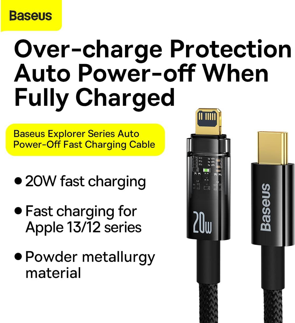 Baseus Explorer Auto Power-Off USB-C to Lightning Cable 20W — 1m — Black