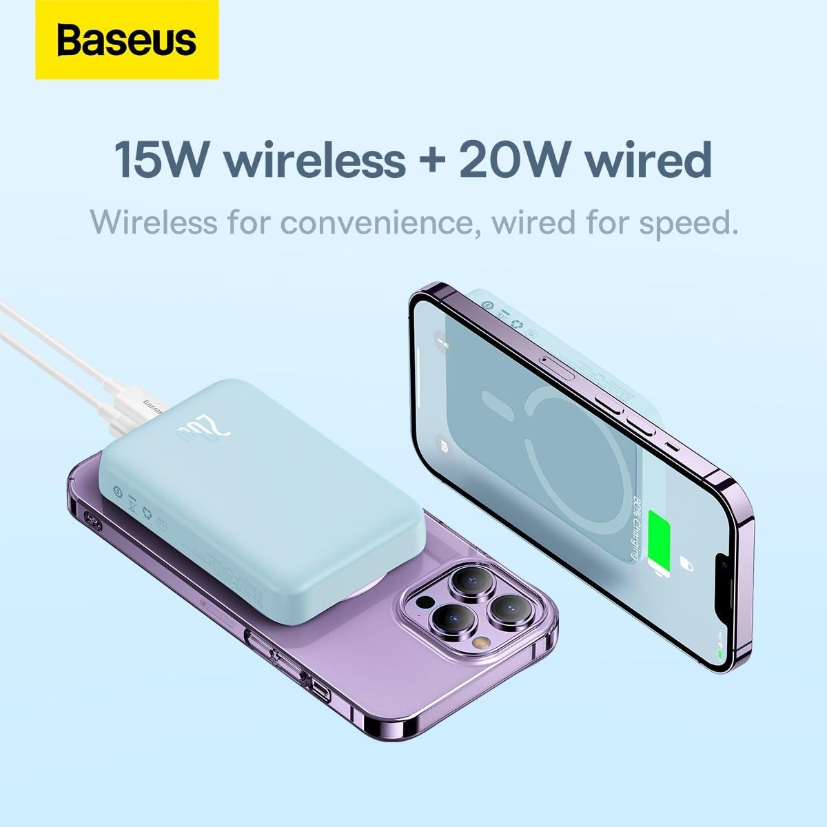 Baseus Magnetic 15W Wireless Portable Charger, 10000mAh Power Bank with 20W Type C Cable, MagSafe Battery Pack — 10000mAh-20W — Blue
