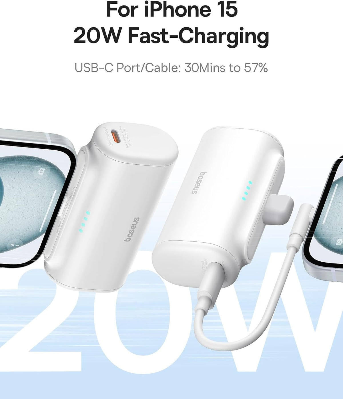 Baseus 5000mAh Small Power Bank, PD 20W Fast Charging Portable Charger with USB C Port, External Battery — 5KmAh-20W-Compact — White