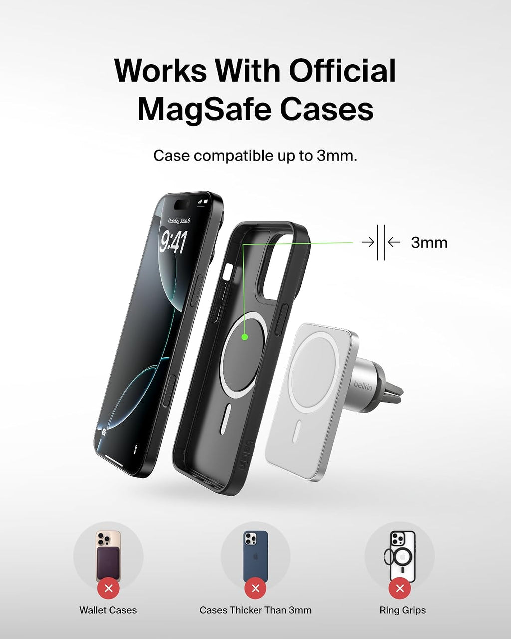Belkin MagSafe Car Vent Mount PRO for iPhone 12, 12 Pro, 12 Pro Max, 12 Mini Keeps All iPhone 12 Models Magnetically Mounted While You Drive, Silver, WIC002, WIC002btGR
