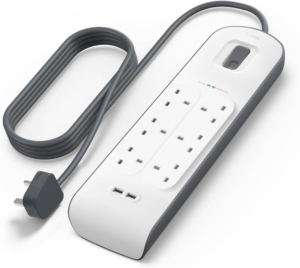 Belkin 6 Way 2 Meter Surge Protection Strip with 2 x 2.4 Ampere USB Charging