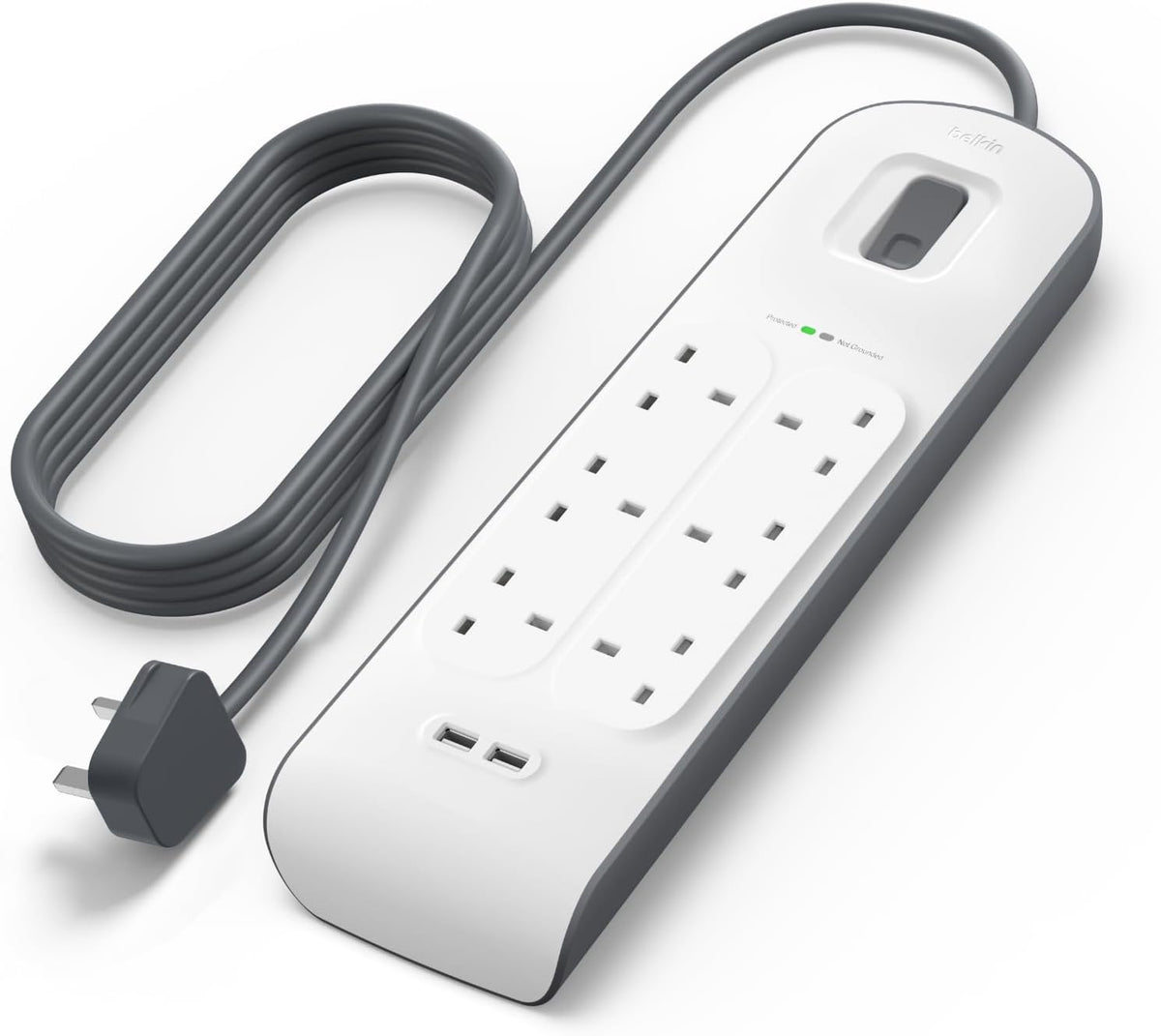 Belkin 6 Way 2 Meter Surge Protection Strip with 2 x 2.4 Ampere USB Charging