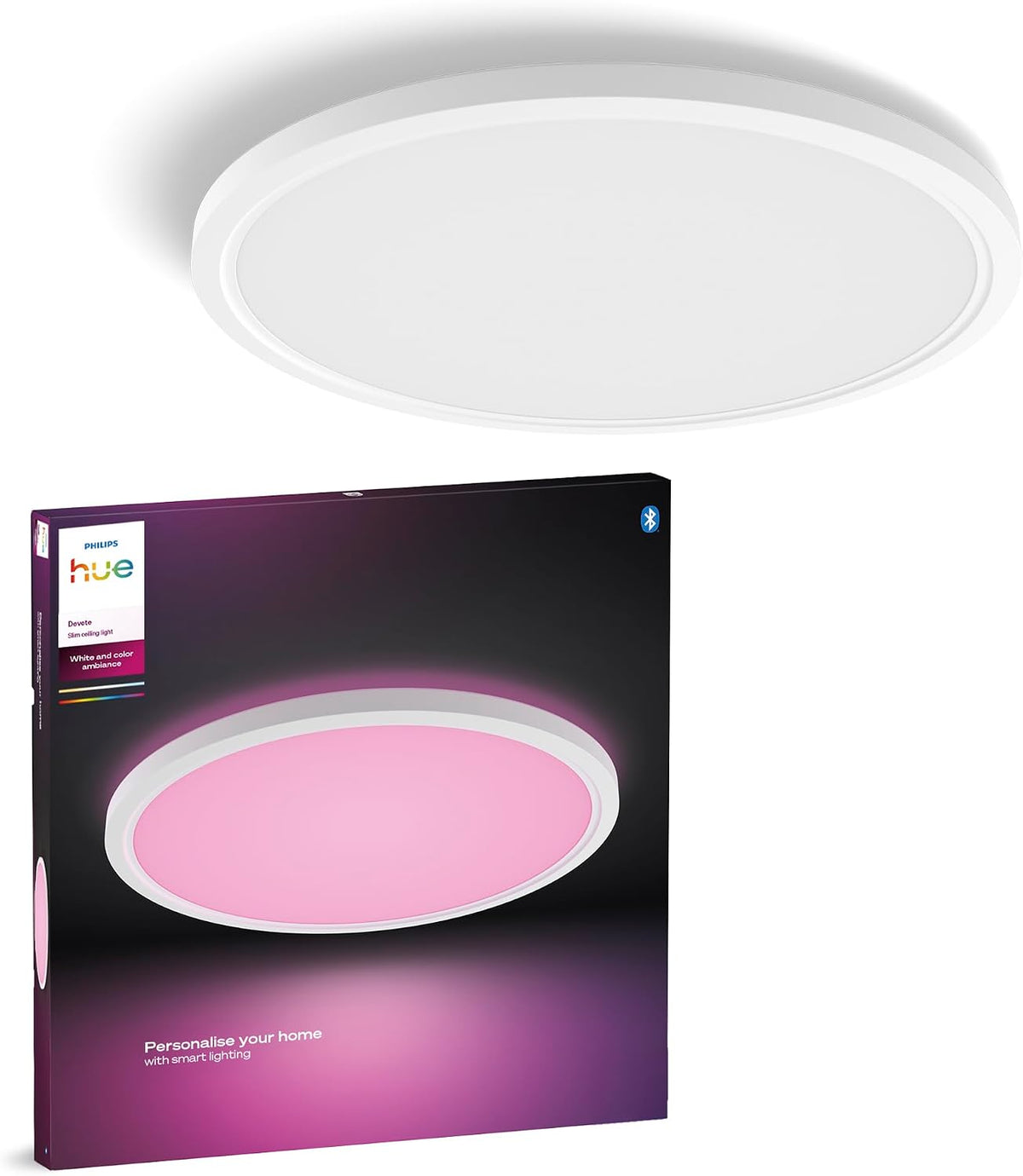 Philips Hue Devote Smart LED Panel, White and Color Ambiance, Round 43 cm, 23 W, 2900 Lumens, White Frame for Indoor Lighting, Ceiling, Living Room, Kitchen, Hallway. — white