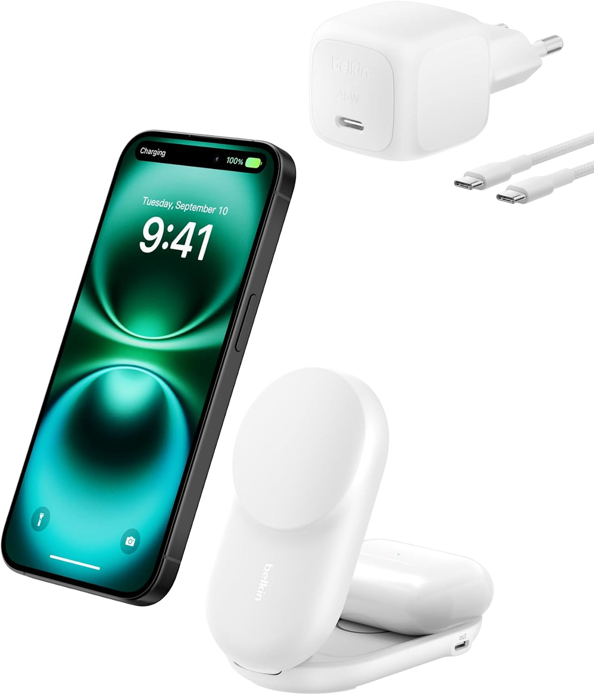 Belkin UltraCharge 2-in-1 Wireless Charger 25W, Qi2 Certified MagSafe Compatible Charger, Charging Station for iPhone 16, AirPods, Pixelsnap, Magnetic Stand with USB-C Port, 45W Adapter - White