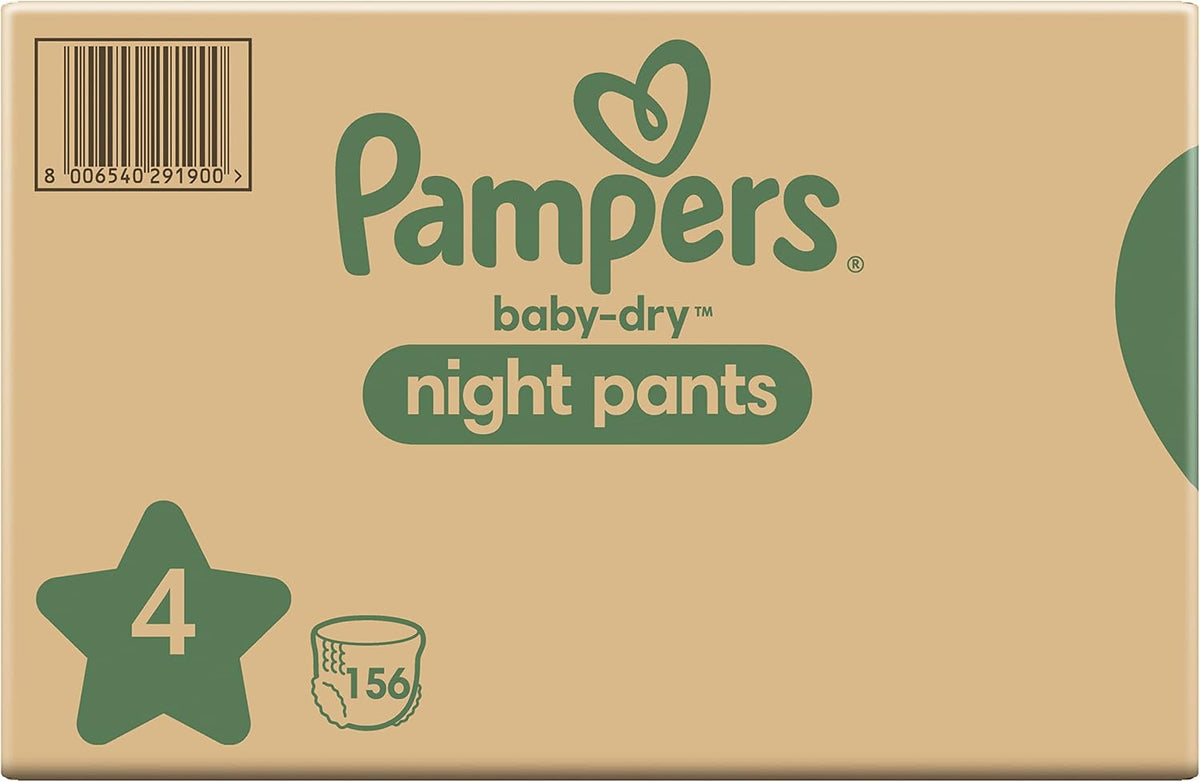 Pampers Nappy Pants Size 4 (9-15 kg / 20-33 lbs), Baby-Dry Night, 156 Nappies, MONTHLY BOX, Extra Protection All Night Long, Pull Ups