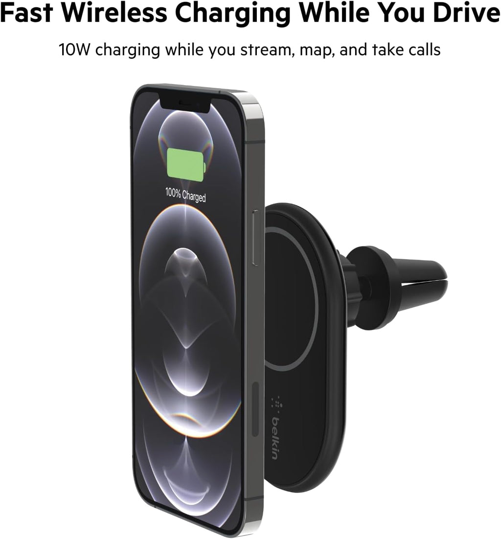 Belkin BoostCharge Wireless Charger, Magnetic Car Charger, Phone Mount Holder Compatible with MagSafe Enabled iPhone 16, iPhone 15, 14, 13, 12, Mini, Plus, Pro, Pro Max and More (Cable Included)