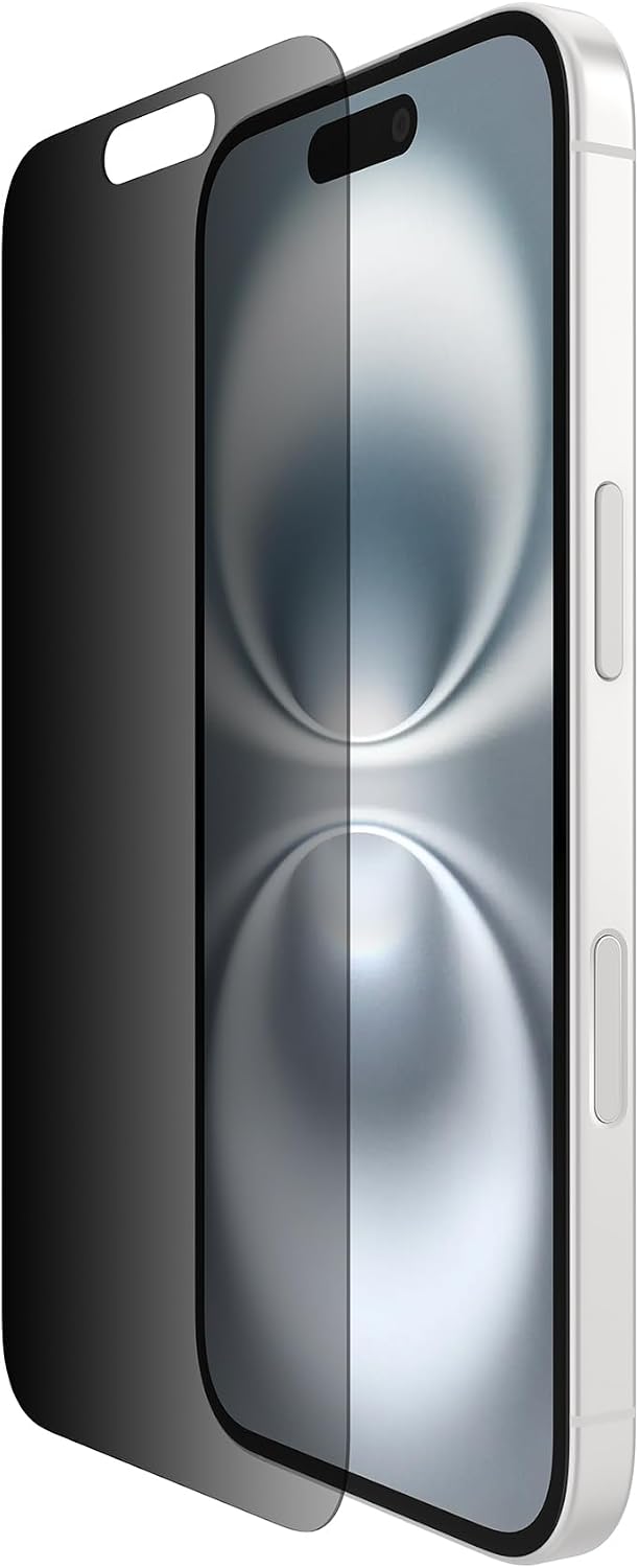 Belkin ScreenForce InvisiGlass iPhone 16 Privacy Screen Protector, scratch-resistant impact protection, easy align tray for bubble free application, recycled glass for iPhone 16, iPhone 15, 14 Pro