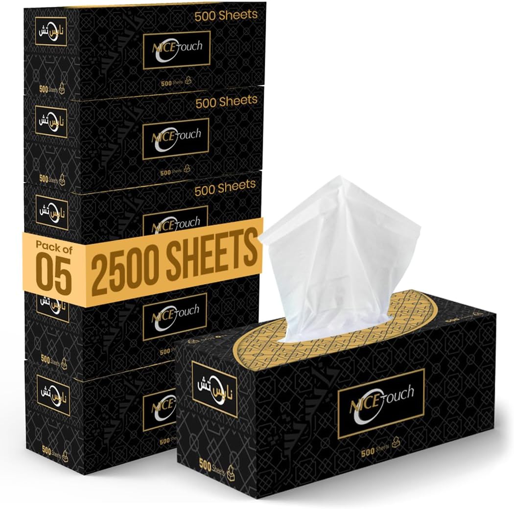 Nice Touch Facial Tissue Boxes, 1 Ply x 5 Black Tissue Packs of 500 Sheets each — front product image