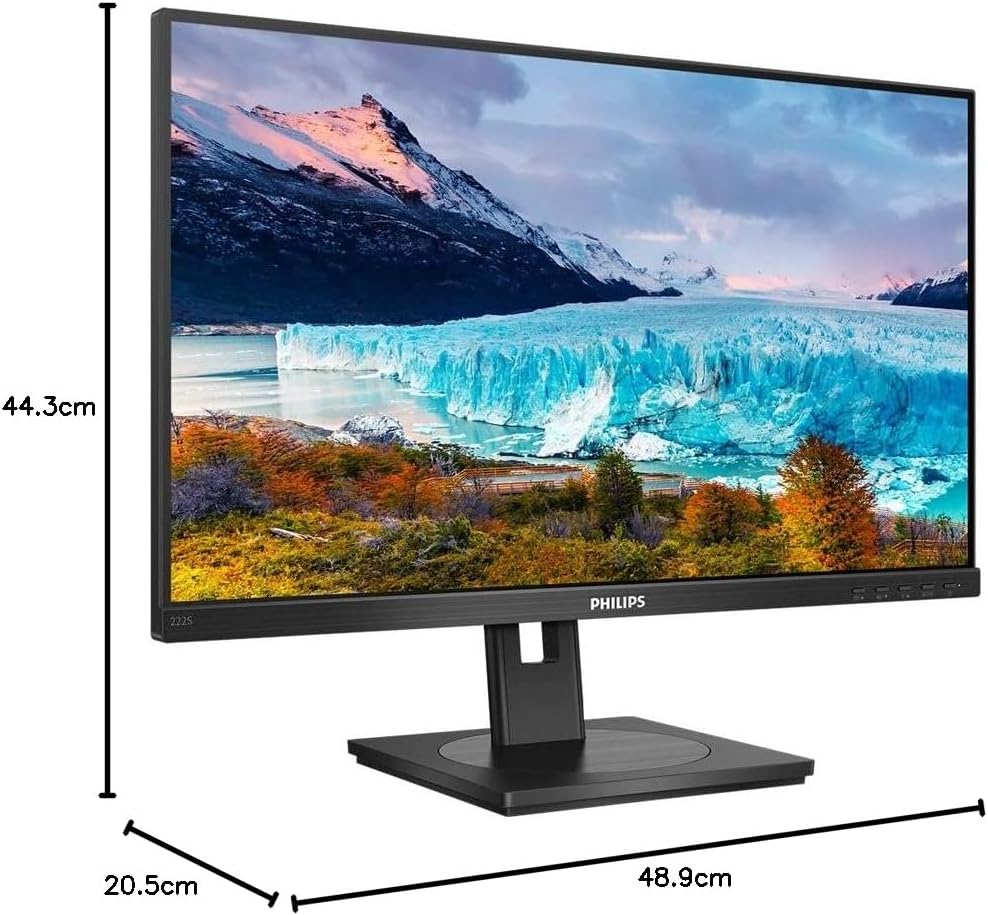 Philips 222S1AE - 22 Inch FHD Monitor,75Hz, 4ms, IPS, Speakers, Height Adjust, Adaptive Sync (1920 x 1080, 250 cd/m², HDM/DVI/VGA/DP) — Black
