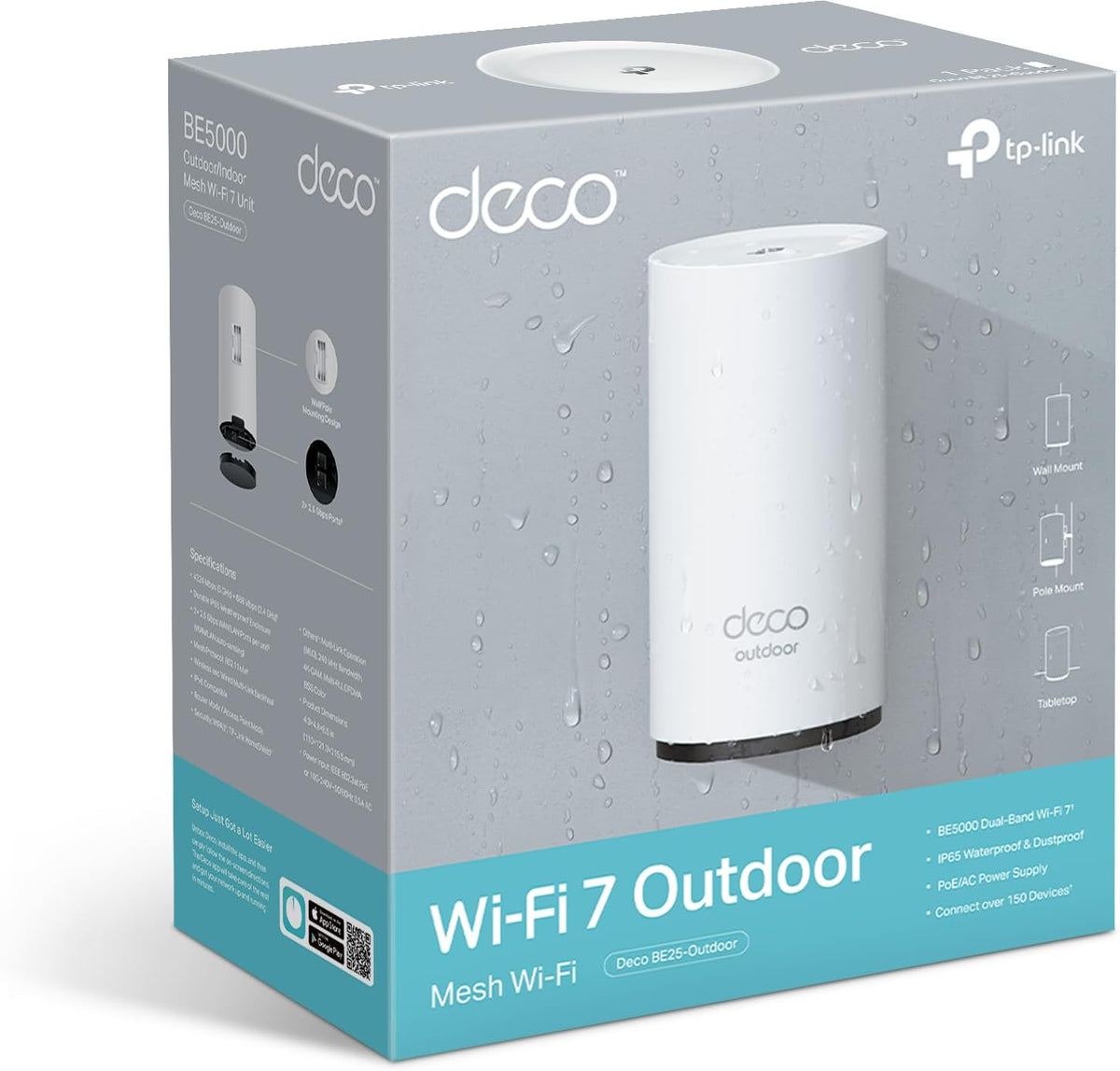 TP-Link Wi-Fi 7 Deco BE25-Outdoor Mesh WiFi BE3600Mbps, External Access Point, Dual-Band, 2 Ports 2.5Gbps, IP65, 4 Internal Antennas, Dust/Water Resistance, Pole/Wall, Alim. PoE/AC, Alexa, 1 Piece