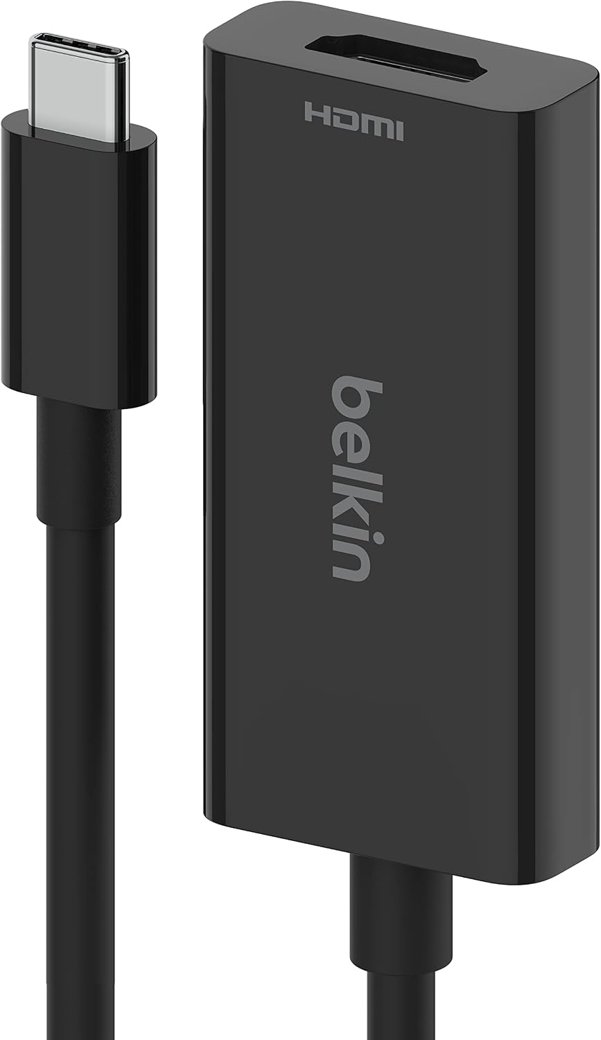 Belkin USB Type C to HDMI 2.1 Adapter, Tethered 4.33in Cable with 8K@60Hz, 4K@144Hz, HDR, HBR3, DSC, HDCP 2.2, USB-IF Certified for Chromebook, Macbook, iPad Pro and other USB C Devices