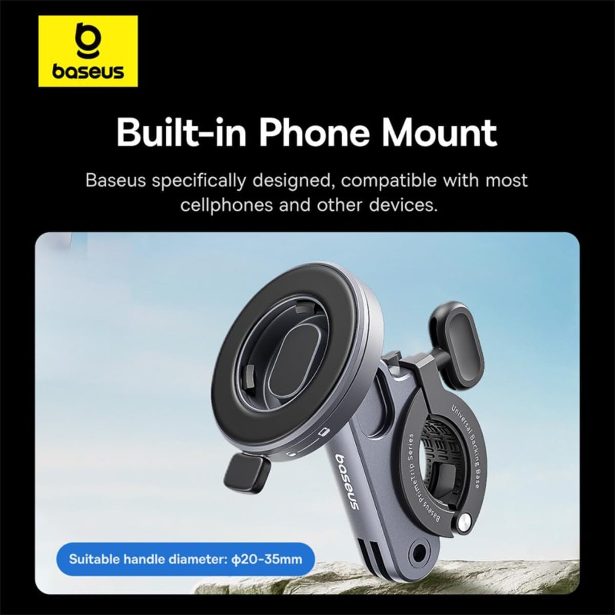 Baseus PrimeTrip 2-in-1 Magnetic Bike Phone Mount & 600LM LED Light, IP68 Waterproof, 3000mAh Battery, Dual-Color, 4 Modes, for All 4.7-6.5" Phones (Black) — Holder+Light — Black