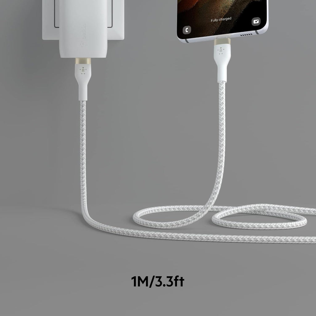 Belkin Fast Charge Pro Flex Braided USB C charger cable, USB-IF certified Power Delivery PD type C fast charging cable for iPhone 16, 15, Galaxy S24, S23, MacBook Pro, iPad, Pixel and more – 1m, white