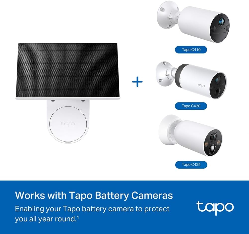 Tapo TP-Link Solar Panel, Adaptable Installation Options, Non-Stop Power Supply, Flexible Angle Adjustment, 4m Charging Cable, IP65, Compatible with C425/ C420/ C410/ C400 (A201)