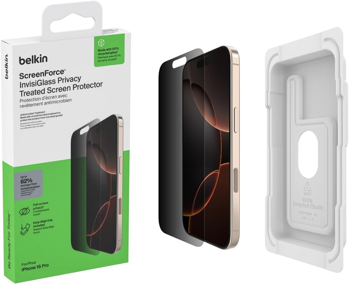 Belkin ScreenForce InvisiGlass Privacy Screen Protector for iPhone17 + iPhone 16 Pro, Scratch-Resistant Impact Protection with Included Easy Align Tray for Bubble Free Application, Recycled Glass