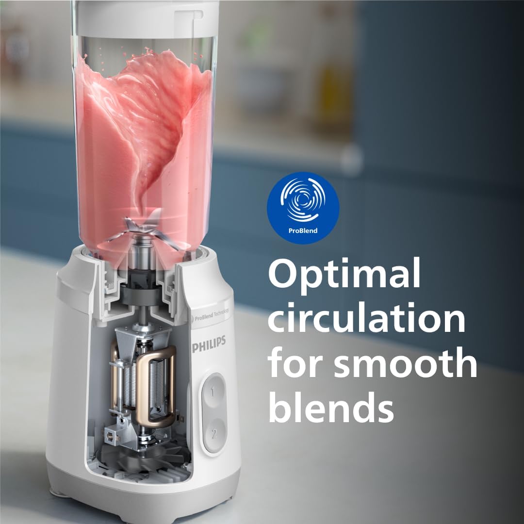 Philips Mini Blender 3000 Series – Compact Smoothie Maker with ProBlend Technology, Long-Lasting Motor, Dishwasher-Safe, Easy Storage (HR2512/00) — White