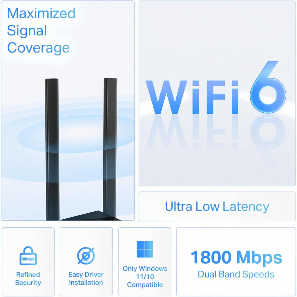 TP-Link WiFi 6 USB Adapter for Desktop PC - (Archer TX20U Plus) AX1800 Wireless Network Adapter with 2.4GHz, 5GHz, High Gain Dual Band 5dBi Antenna, WPA3, Supports Windows 11/10