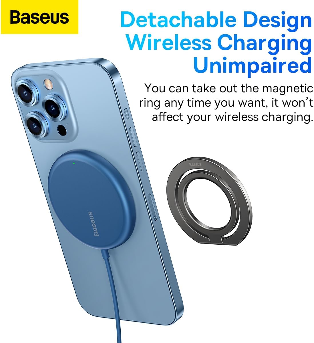Baseus Halo Series Cell Phone Ring Holder Stand, 360° Rotation Magnetic Ring Stand for Magnetic Wireless Charging Phone Holders — Grey