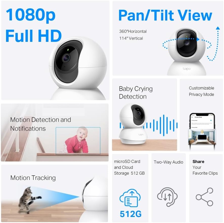 TP-Link Tapo Pan/Tilt Smart Security Camera, Indoor CCTV, 360 Rotational Views, Works with Alexa&Google Home, No Hub Required, 1080p, 2-Way Audio, Night Vision, SD Storage, Device Sharing (TC70)