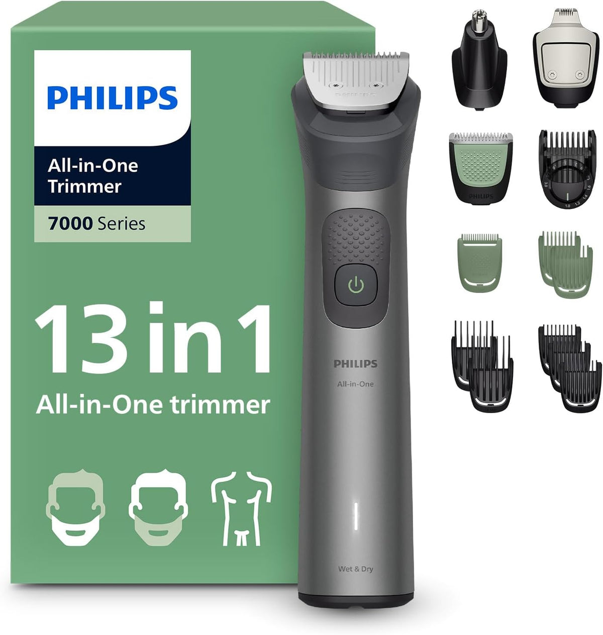 Philips All-in-One Trimmer MG7922/15 — 13-in-1 Face, Hair & Body Grooming — Precision Comb for Exact Styling — 120min Cordless, Showerproof — Multicolor