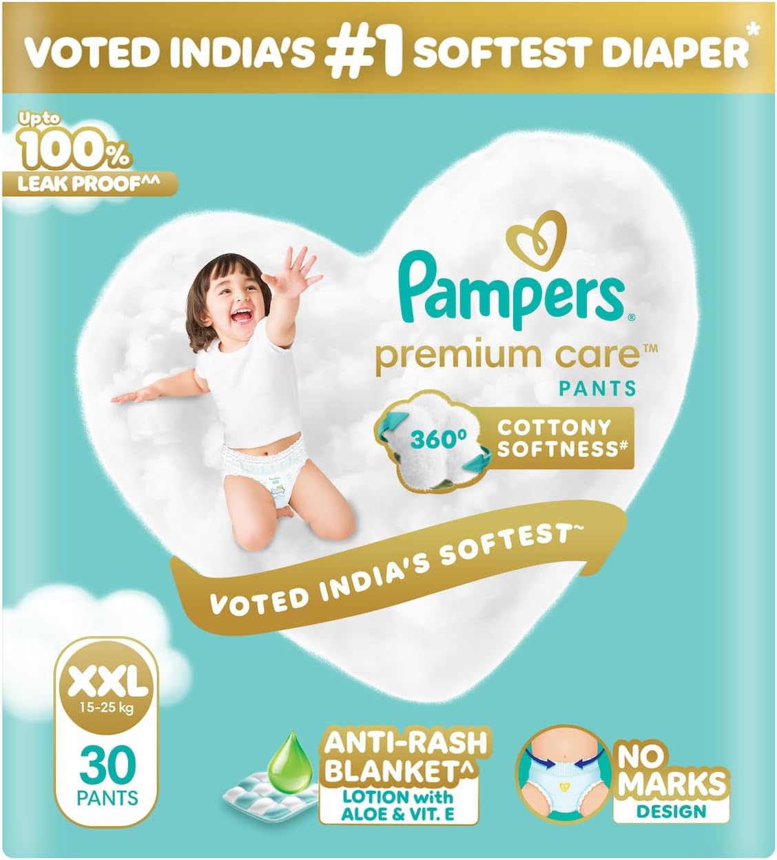 Pampers Premium Care Pants Style Baby Diapers, XX-Large (XXL) Size, 30 Count, All-in-1 Diapers with 360 Cottony Softness, 15-25kg Diapers