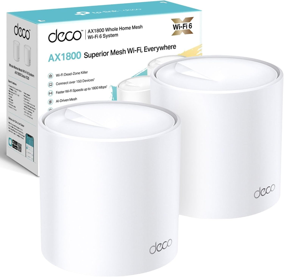 TP-Link Deco X20 AX1800 Whole Home Mesh Wi-Fi 6 System, AI-Driven Mesh, Up to 4,000 sq ft Coverage, 1 GHz Quad-Core CPU, Compatible with Amazon Alexa, With TP-Link HomeShield's kit, Pack of 2, White