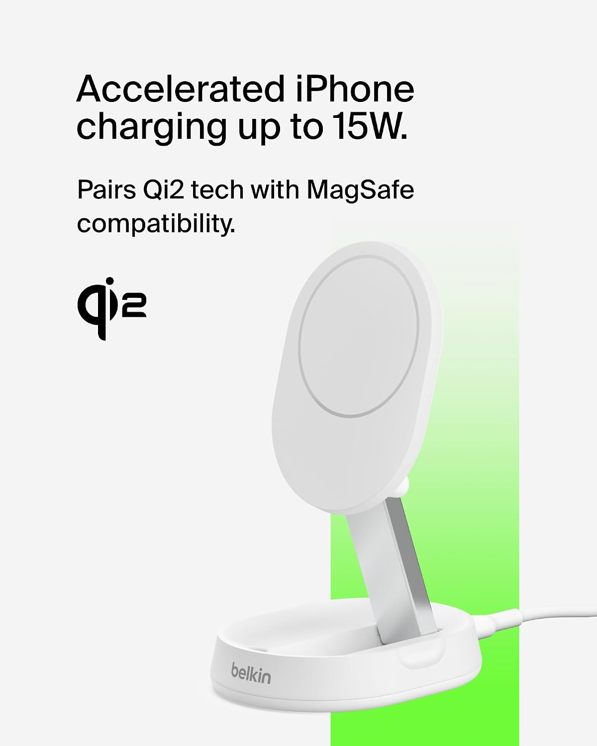 Belkin BoostCharge Pro 15W convertible magnetic wireless charging stand, MagSafe compatible fast Qi2 wireless charger, magnetic fast charger for Apple iPhone 16, 15, 14, 13, 12, AirPods Pro - White
