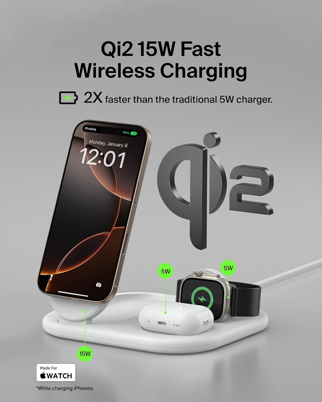 Belkin MagSafe Charger, Fast Charge 3-in-1 Qi2 Magnetic Foldable Charger 15W Fast Charger for Apple iPhone 15, Apple Watch, AirPods with Non-Slip Base, Power Supply Module - White