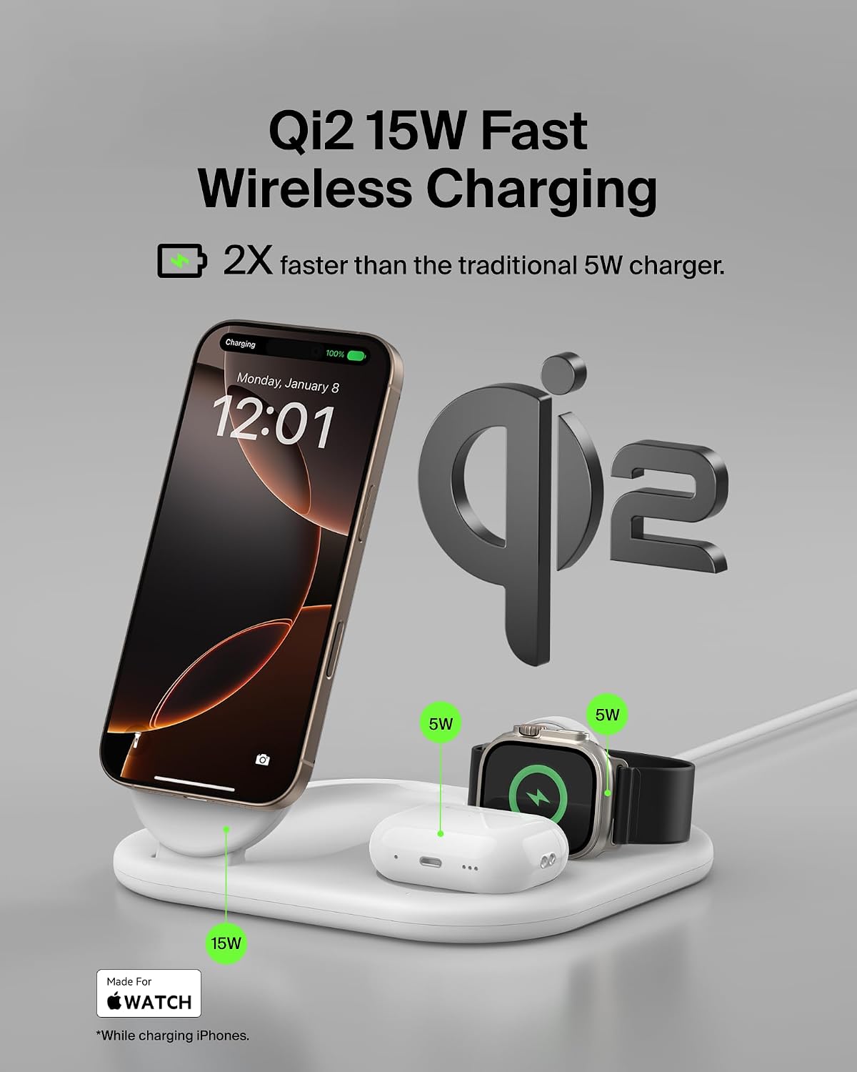 Belkin MagSafe Charger, Fast Charge 3-in-1 Qi2 Magnetic Foldable Charger 15W Fast Charger for Apple iPhone 15, Apple Watch, AirPods with Non-Slip Base, Power Supply Module - White