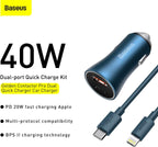 Baseus Car Charger 40W USB C Adaptor, PD 3.0 QC 4.0 Phone Fast Charging With Simple Wisdom Data Cable Type-C to Lightning Cable 1M — Blue