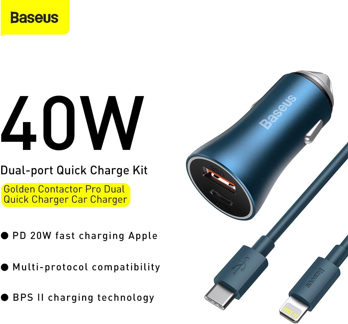 Baseus Car Charger 40W USB C Adaptor, PD 3.0 QC 4.0 Phone Fast Charging With Simple Wisdom Data Cable Type-C to Lightning Cable 1M — Blue