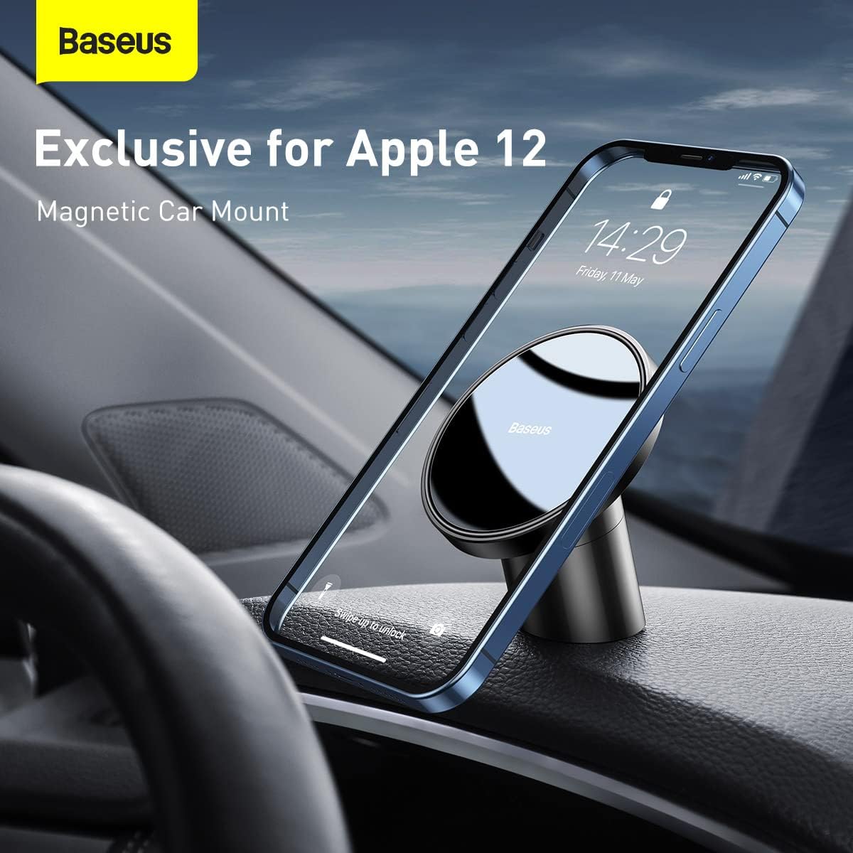 Baseus Magnetic Car Phone Holder for Dashboard & Air Vent With 1 Magnetic Ring Sticker, 360° Rotatable Strong Magnetic Cell Phone Mount — Black