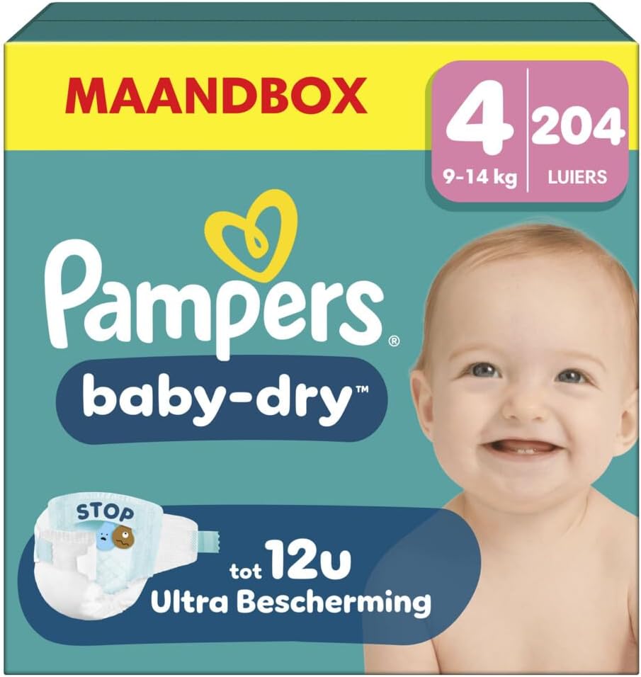 Pampers Nappies Size 4 (9-14 kg) Baby-Dry, Maxi, Monthly Box, Up to 12 Hours All-Round Leak Protection, Pack of 204