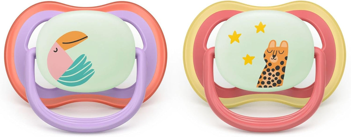 Philips Avent Ultra Air Nighttime Soothers - Orthodontic Design, for Babies 18 Months+, Glow in The Dark, Extra-Firm Silicone Symmetrical Teat, BPA-Free, with Sterilizing Case, 2 Pack, SCF376/33 — Transparent