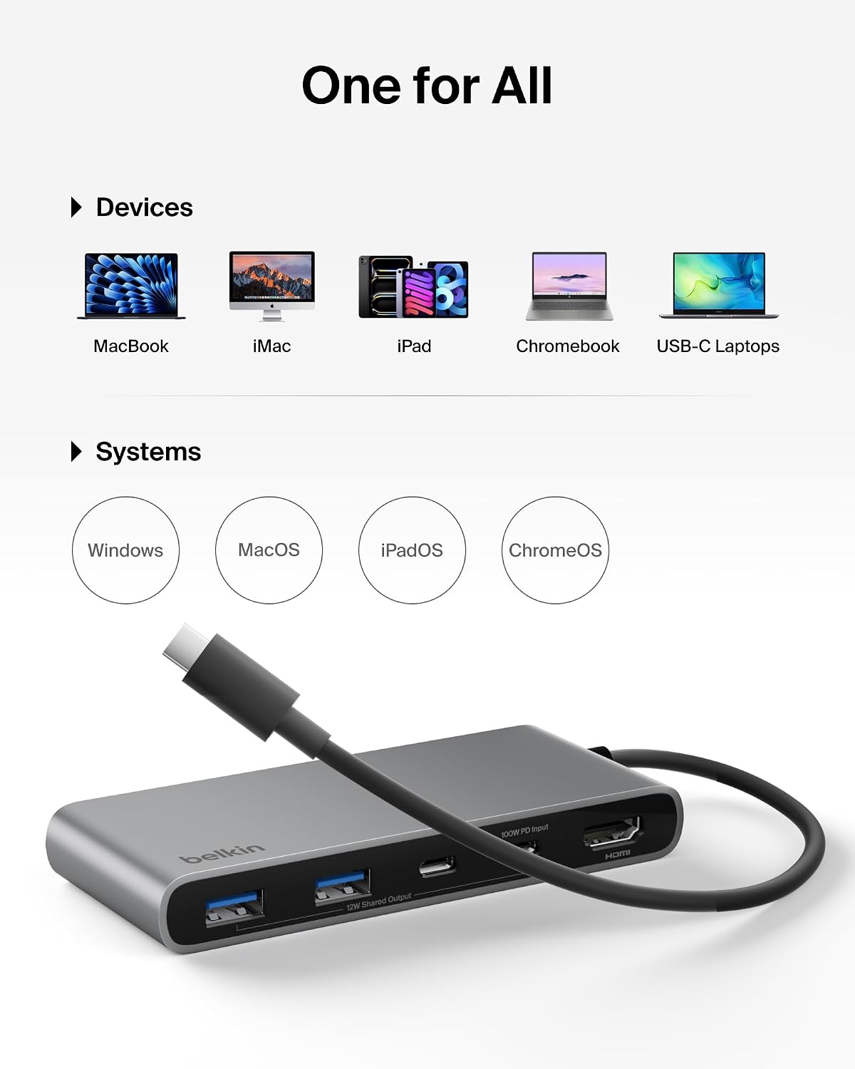 Belkin USB C Hub, 7-Port Hub w/ 4K HDMI Display @ 60Hz, SD & MicroSD, 100W Power Delivery, Fast Data Transfer 5Gbps, USB C Multiport Adapter for MacBook, iPad Pro, Chromebook - HDMI 2.0 - Grey