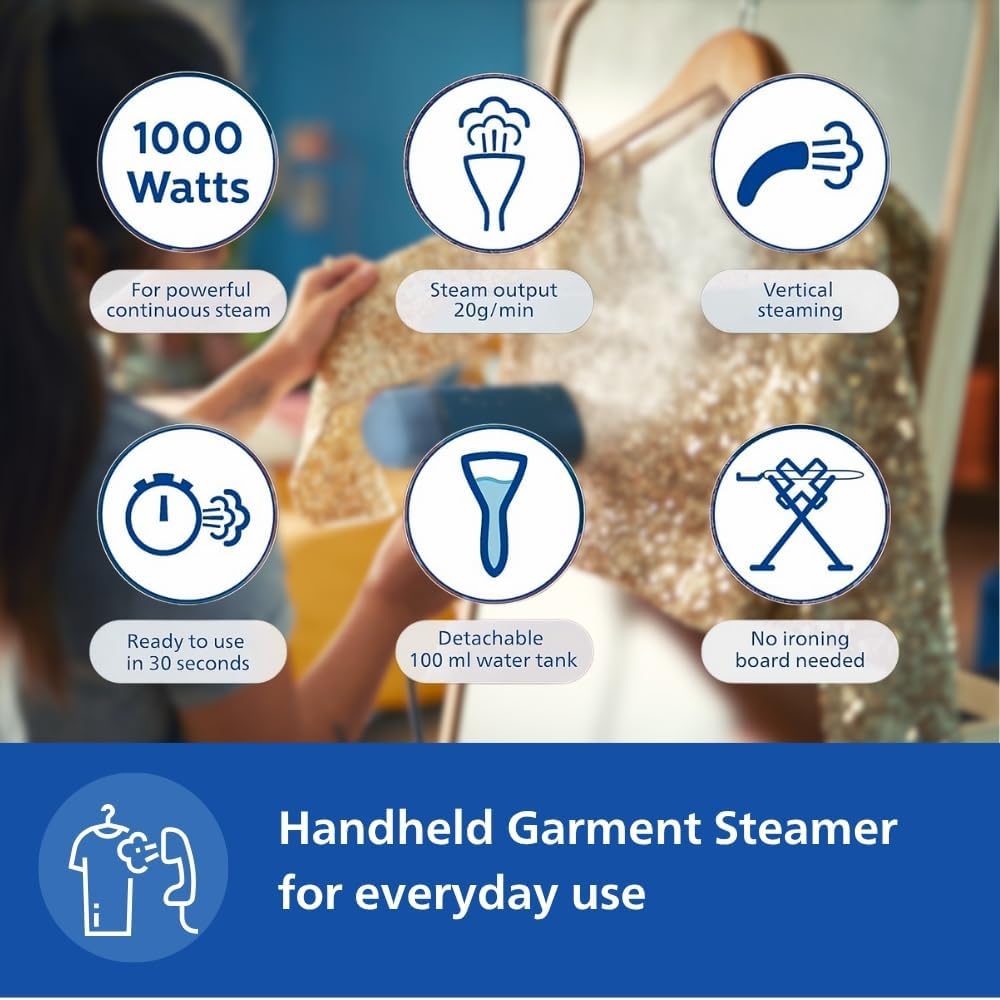Philips Handheld Garment Steamer STH3000/20 - Compact & Foldable, Convenient Vertical Steaming, 1000 Watt Quick Heat Up, up to 20g/min, Kills 99.9% Bacteria (Reno Blue), Small — Reno Blue
