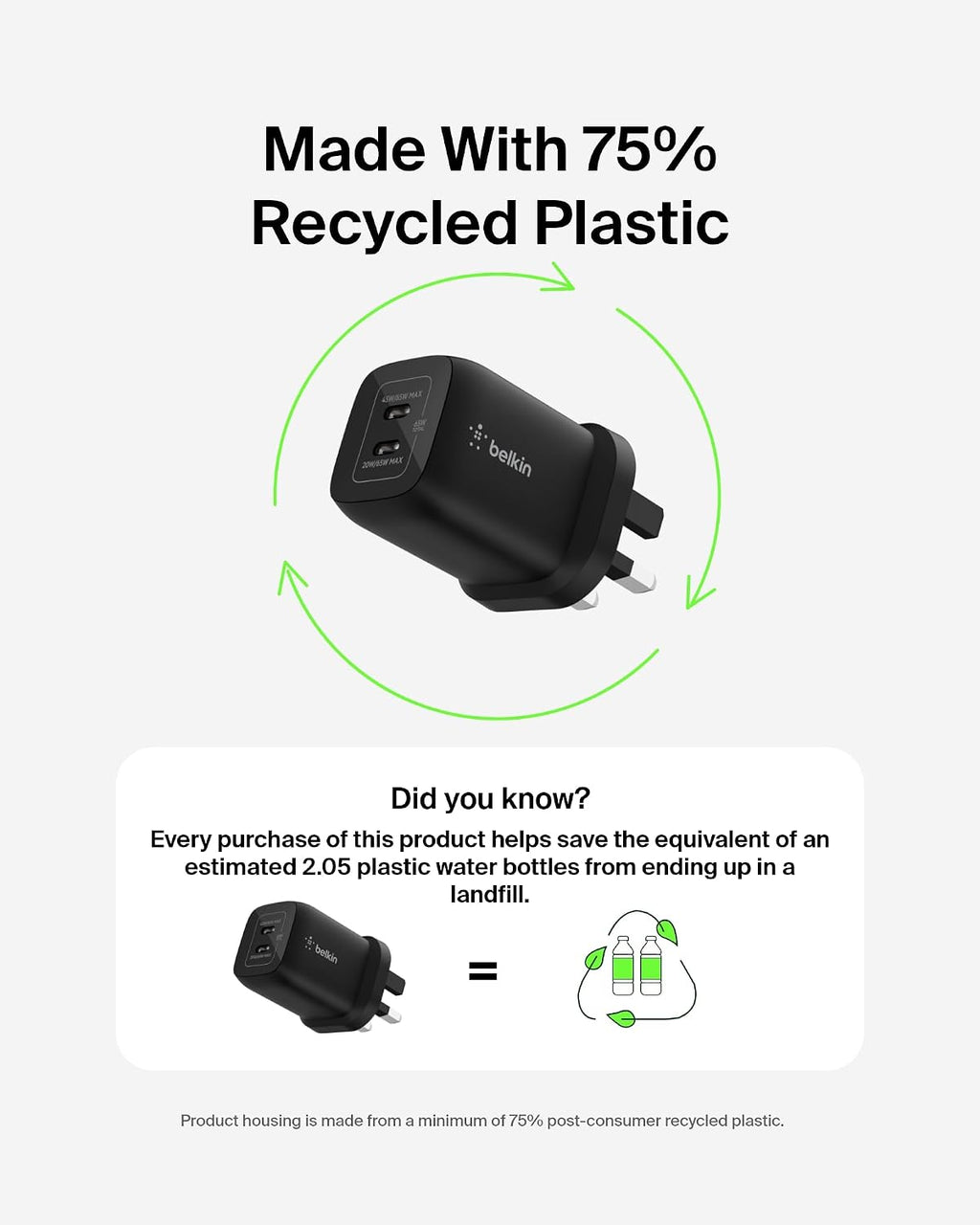 Belkin Gaming Dual USB-C Plug 65W, Wall Charger USB 3.0 Fast Charger with GaN Technology for Nintendo Switch 2, iPhone 16, iPad, MacBook Air, Chromebook, Samsung Galaxy S25 Ultra, and More - Black