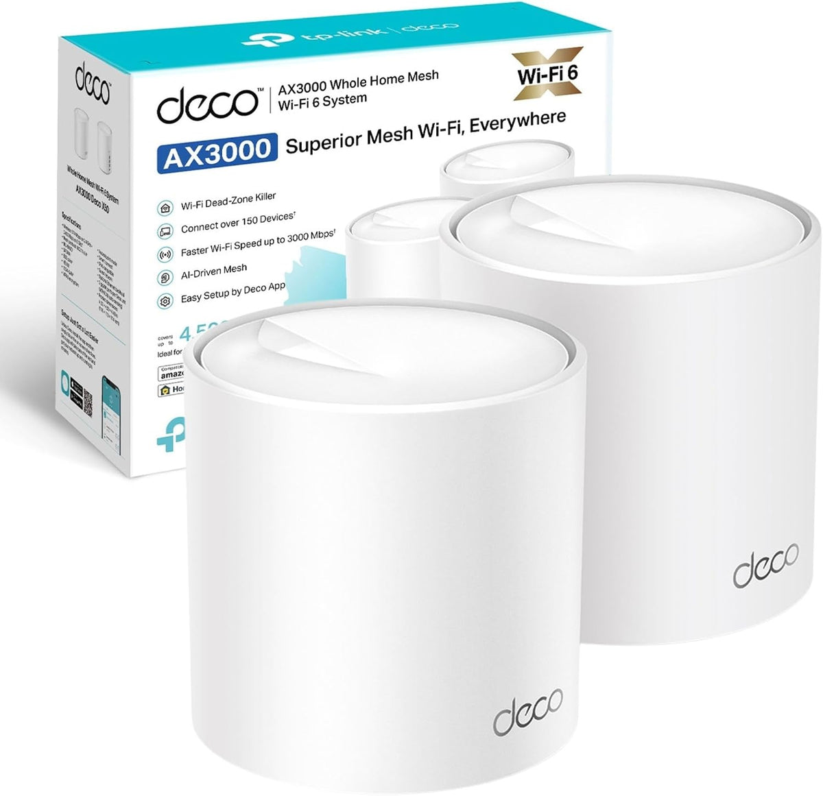 TP-Link Deco X50 AX3000 Whole Home AI-Driven Mesh Wi-Fi 6 System, Dual Band With Gigabit Port (2 Pack)