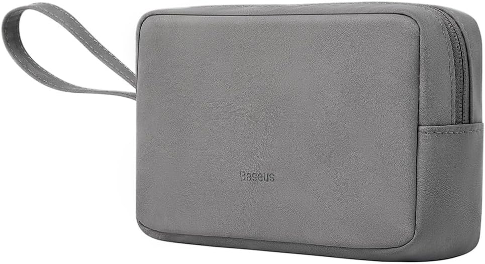 Baseus Hard Drive Bag, Storage Leather Bag, Organizer Case with Layered, Travel Gear Storage Carrying Pouch for USB Cable, Earphones, Power Banks — Grey