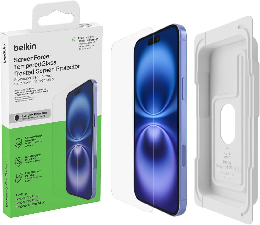 Belkin ScreenForce TemperedGlass Treated Screen Protector for iPhone 15 Plus, Slim, Crystal Clear, Scratch-Resistant Tempered Glass Film, Includes Easy Align Tray for Bubble Free Application