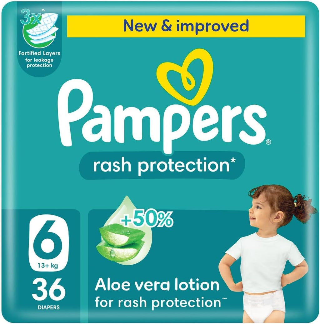 Pampers Rash Protection Taped Diapers, Size 6, 13+kg, Mega Pack, 36 Count