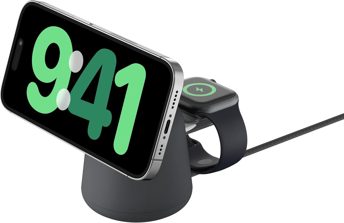 Belkin Fast Charge Pro 2-in-1 Wireless Charging Dock with MagSafe 15W Fast Charge iPhone Charger Compatible with iPhone 16, 15, 14, 13, and 12 Series, AirPods, and Other MagSafe Enabled Devices