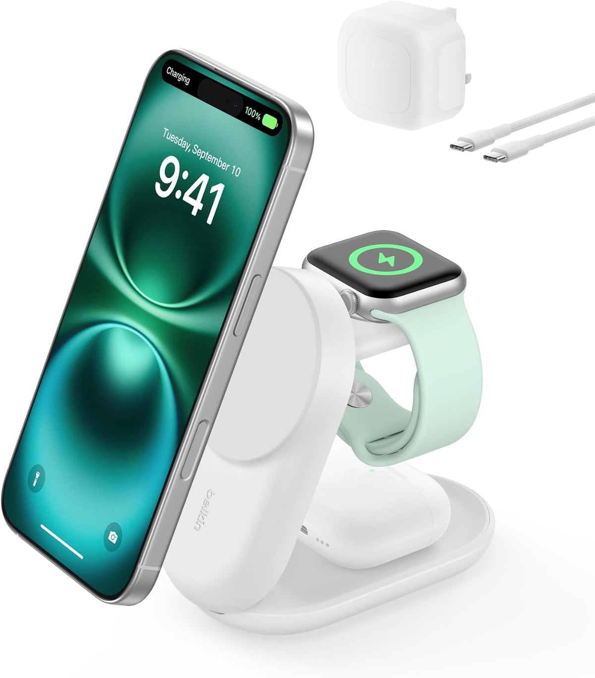 Belkin UltraCharge 3 in 1 Magnetic Wireless Charger with Qi2, 25W - White