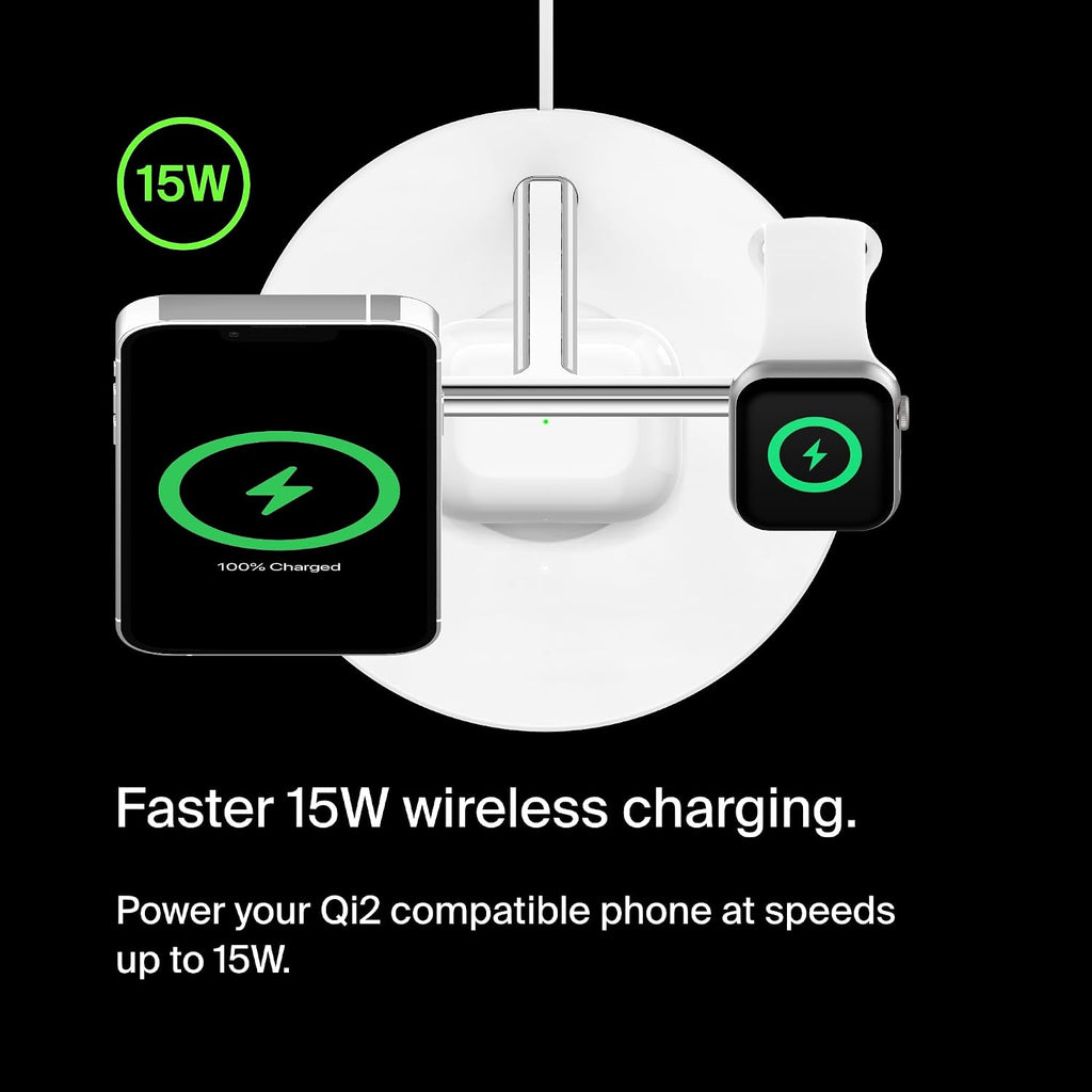 Belkin BoostCharge Pro 3-in-1 Wireless Charger with Qi2 for iPhone 17, Air, 16, 15, 14, 13, 12 + Apple Watch + AirPods + Pixelsnap, 15W MagSafe Compatible Charging Station - White