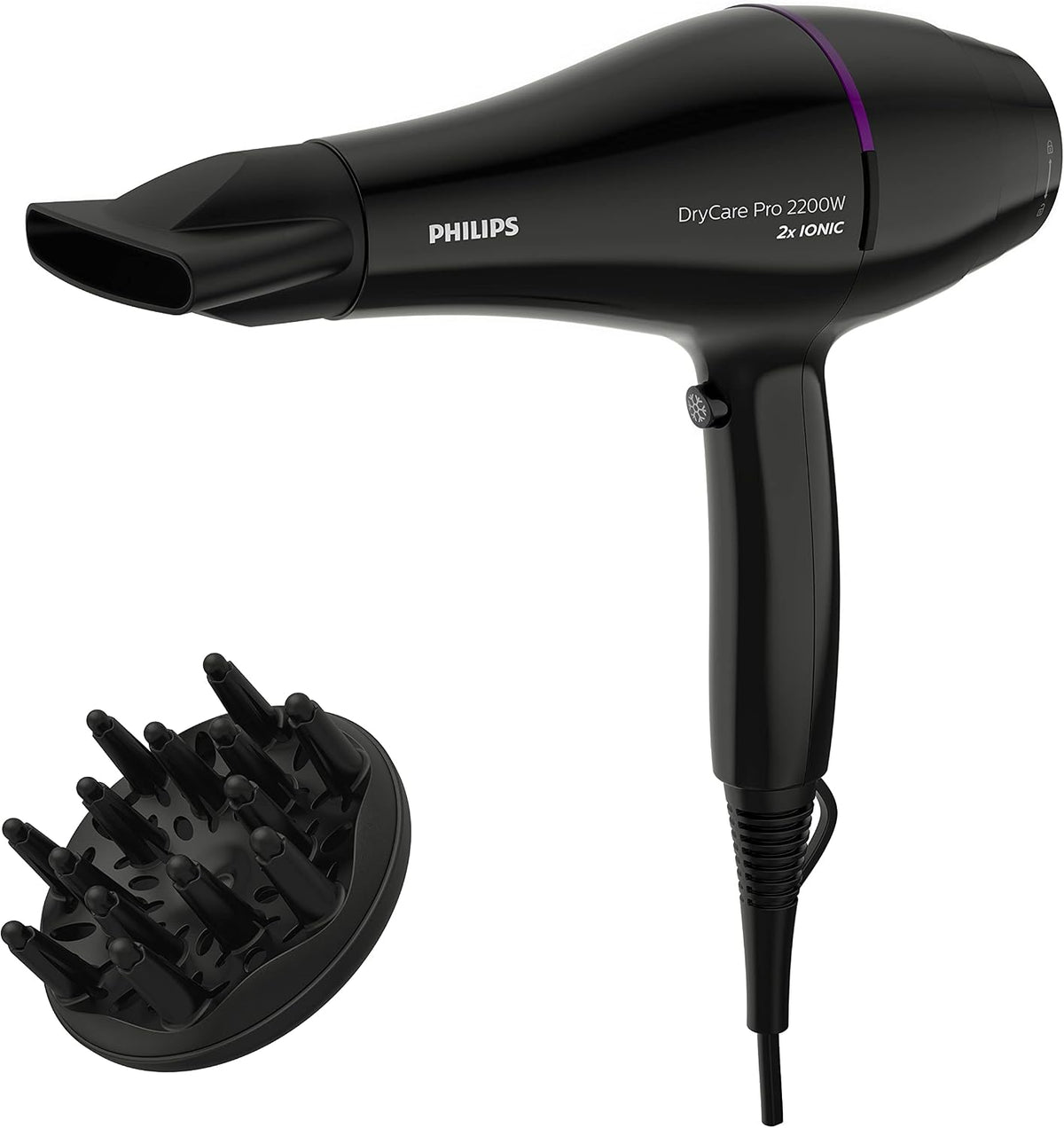 Philips Pro Hairdryer BHD274/03 — 2200W — AC motor — Drying Speed up to 130 km/h* — Thermoprotect & CoolShot — 6 Heat/Speed settings — 2 attachements (Narrow nozzle & volume diffuser) — 2x more ions — Black